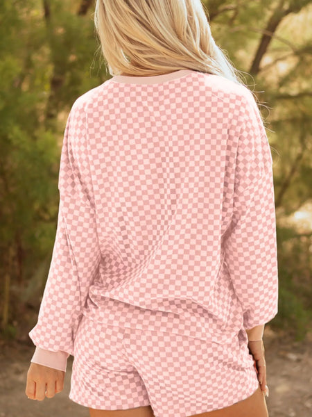Checkerboard Long Sleeve Pullover and Shorts Set - Image 3