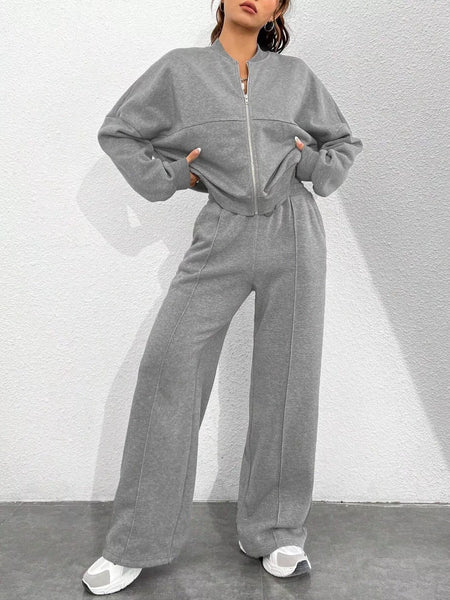 Casual Solid Color Zipper Jacket and Wide Leg Pants Set - Image 21