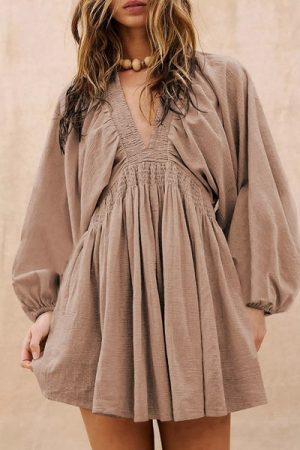 Smocked V-Neck Balloon Sleeve Dress