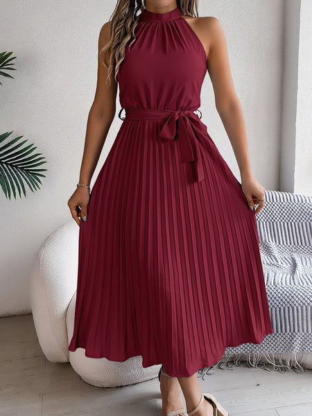 Pleated Tie Waist Sleeveless Midi Dress - Image 9