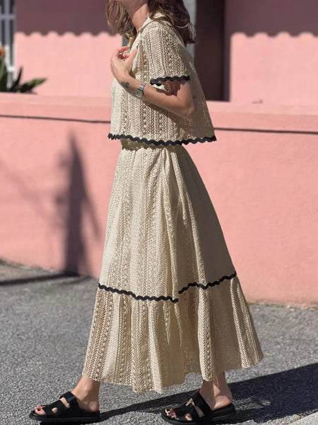 Contrast Trim Openwork Short Sleeve Top and Skirt Set - Image 9