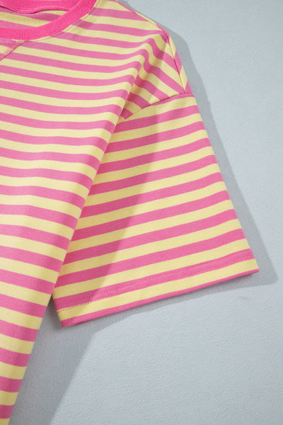 Pink Stripe Colorblock Trim Crew Neck Loose Tee Drawstring Elastic Waist 2pcs Pant Set - Image 12