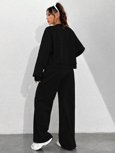 Casual Solid Color Zipper Jacket and Wide Leg Pants Set - Image 20