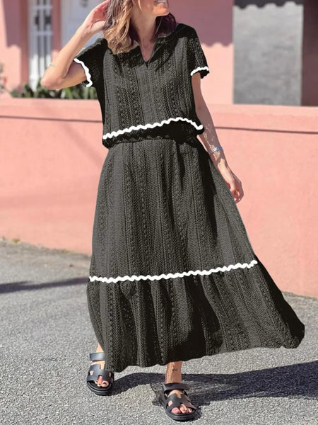 Contrast Trim Openwork Short Sleeve Top and Skirt Set - Image 5