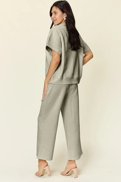Double Take Full Size Texture Half Zip Short Sleeve Top and Pants Set - Image 15