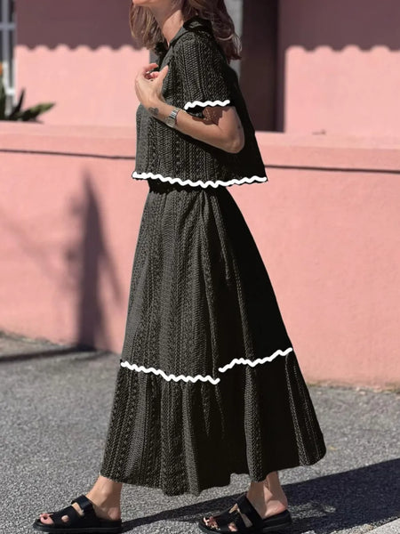 Contrast Trim Openwork Short Sleeve Top and Skirt Set - Image 6