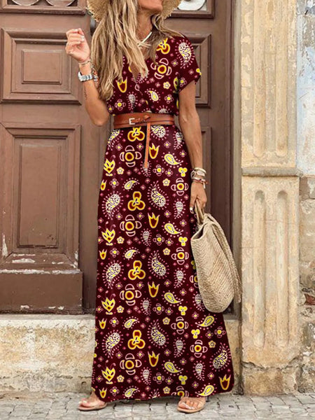 Full Size Printed V-Neck Short Sleeve Maxi Dress Plus Size - Image 12