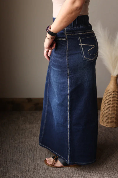 Victoria Dark Wash Elastic Waist Stretch Long Denim Skirt - Image 4
