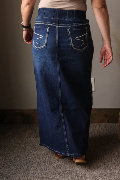 Victoria Dark Wash Elastic Waist Stretch Long Denim Skirt - Image 3