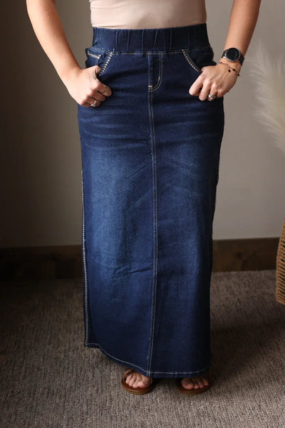Victoria Dark Wash Elastic Waist Stretch Long Denim Skirt
