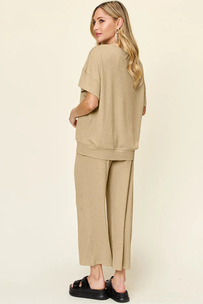 Double Take Full Size Texture Round Neck Short Sleeve T-Shirt and Wide Leg Pants - Image 32