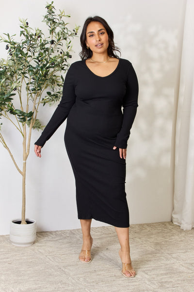 Culture Code Full Size Ribbed Long Sleeve Midi Slit Dress - Image 3