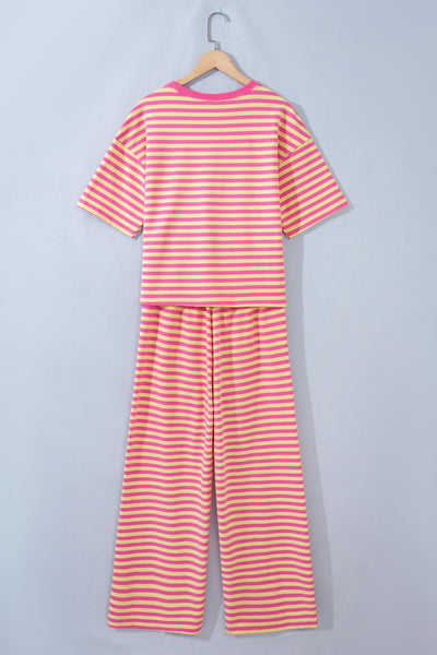 Pink Stripe Colorblock Trim Crew Neck Loose Tee Drawstring Elastic Waist 2pcs Pant Set - Image 4