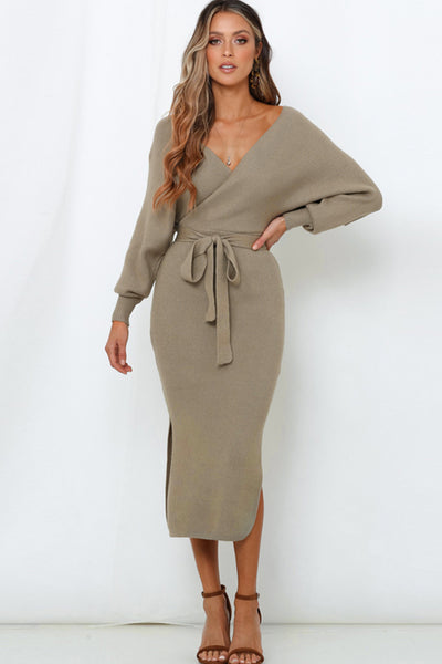 Surplice Neck Bow Waist Slit Sweater Dress - Image 13