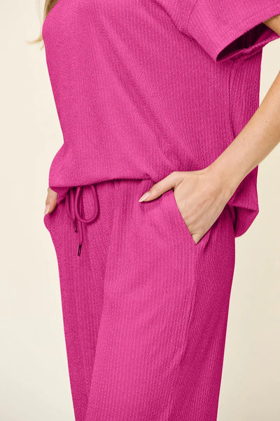 Double Take Full Size Texture Round Neck Short Sleeve T-Shirt and Wide Leg Pants - Image 17