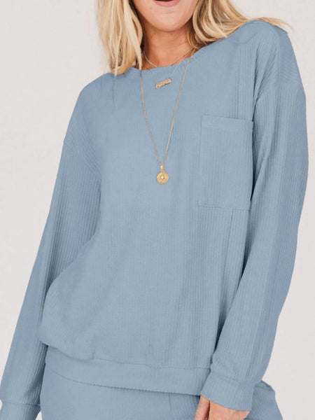 Ribbed Round Neck Sweatshirt and Drawstring Pants Set - Image 4
