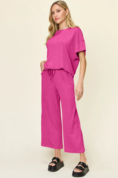 Double Take Full Size Texture Round Neck Short Sleeve T-Shirt and Wide Leg Pants - Image 14