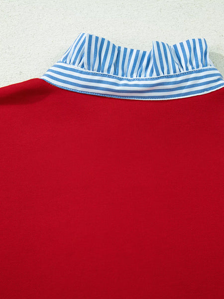 Striped Collar Patchwork Satin Bow Sweatshirt and Shorts Set - Image 5