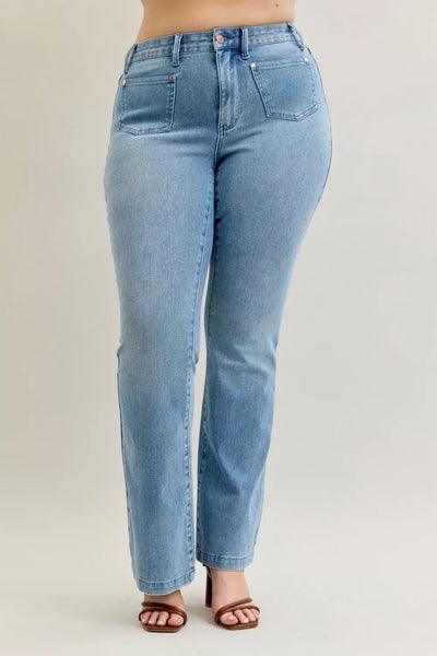 Judy Blue Full Size Mid Rise Bootcut Jeans with Contrast Wash & Front Patch Pockets Plus Size - Image 11