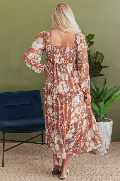 Brown Floral Print Shirred Square Neck High Waist Maxi Dress - Image 10