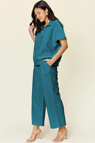 Double Take Full Size Texture Half Zip Short Sleeve Top and Pants Set - Image 9