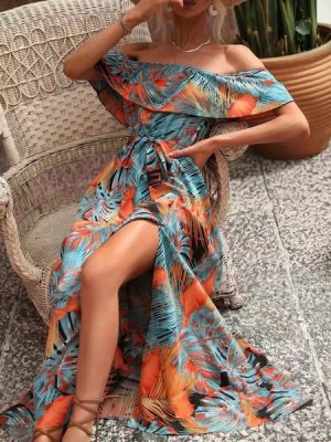 Ruffled Printed Off Shoulder Maxi Dress