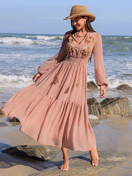 Embroidered Polka Dot Tie Neck Long Sleeve Midi Dress - Image 9