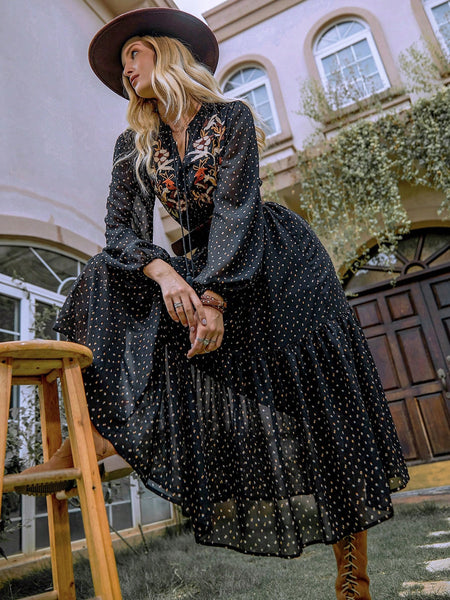 Embroidered Polka Dot Tie Neck Long Sleeve Midi Dress - Image 4