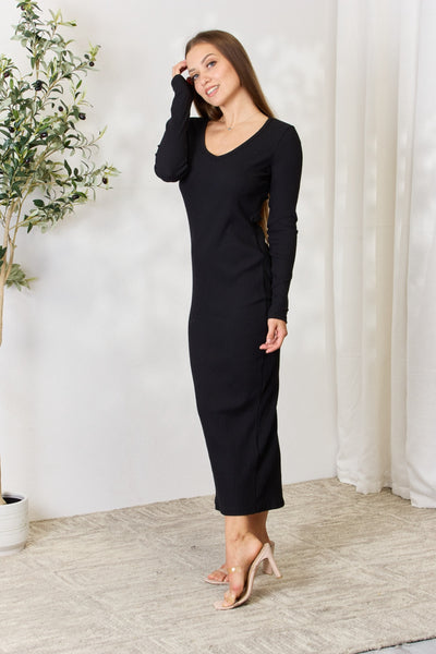 Culture Code Full Size Ribbed Long Sleeve Midi Slit Dress - Image 7