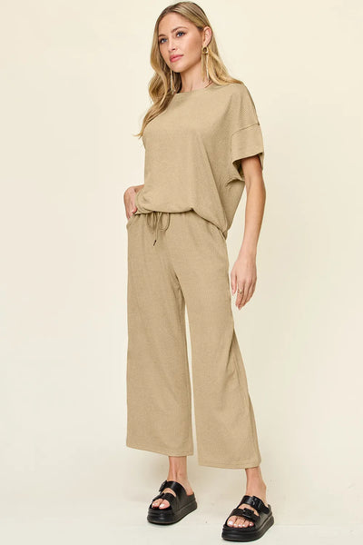 Double Take Full Size Texture Round Neck Short Sleeve T-Shirt and Wide Leg Pants - Image 31