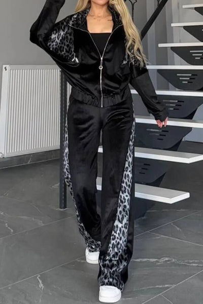 Full Size Collared Neck Leopard Zip Up Top and Pants Set Plus Size - Image 4
