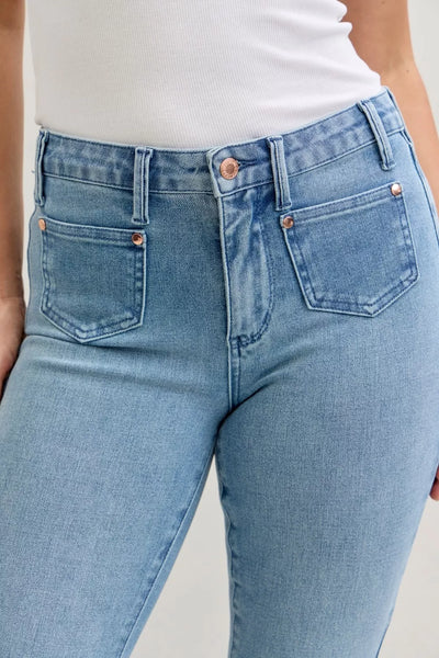Judy Blue Full Size Mid Rise Bootcut Jeans with Contrast Wash & Front Patch Pockets Plus Size - Image 9