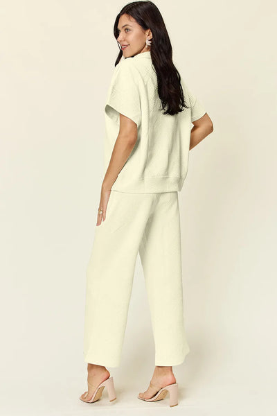 Double Take Full Size Texture Half Zip Short Sleeve Top and Pants Set - Image 18