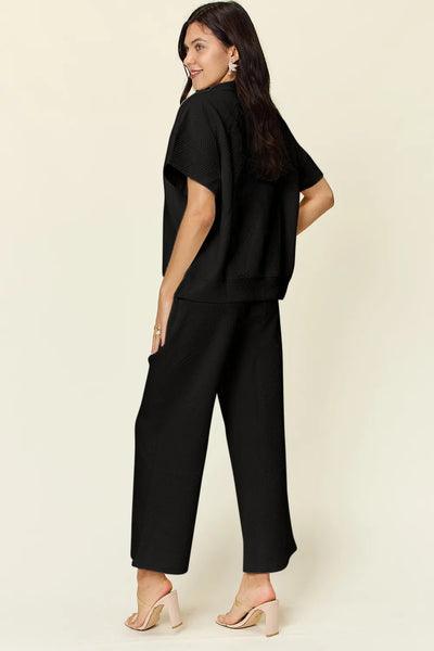 Double Take Full Size Texture Half Zip Short Sleeve Top and Pants Set - Image 3