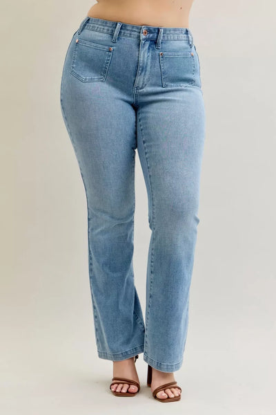 Judy Blue Full Size Mid Rise Bootcut Jeans with Contrast Wash & Front Patch Pockets Plus Size - Image 15