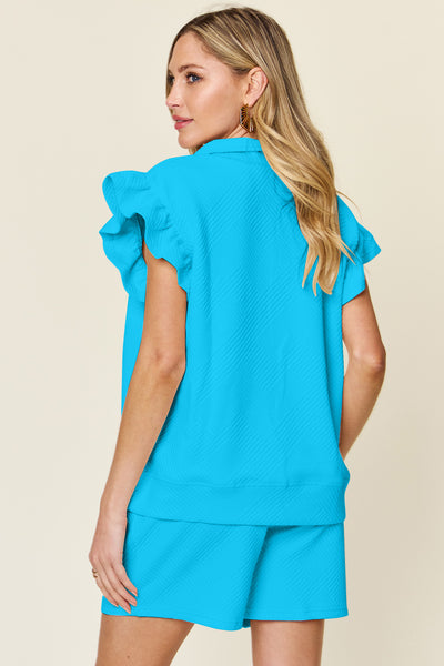 Double Take Full Size Texture Flounce Sleeve Top and Drawstring Shorts Set - Image 28