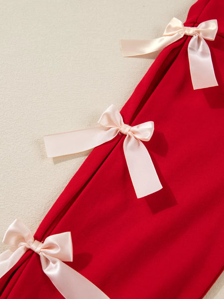 Striped Collar Patchwork Satin Bow Sweatshirt and Shorts Set - Image 6