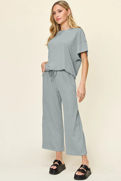 Double Take Full Size Texture Round Neck Short Sleeve T-Shirt and Wide Leg Pants - Image 22