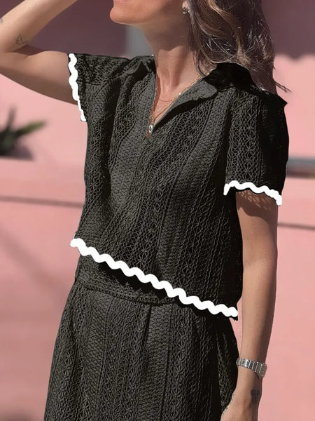 Contrast Trim Openwork Short Sleeve Top and Skirt Set - Image 4