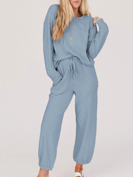 Ribbed Round Neck Sweatshirt and Drawstring Pants Set - Image 3