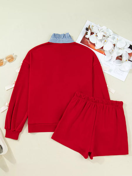 Striped Collar Patchwork Satin Bow Sweatshirt and Shorts Set - Image 3