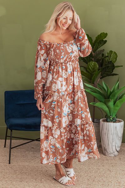 Brown Floral Print Shirred Square Neck High Waist Maxi Dress - Image 12