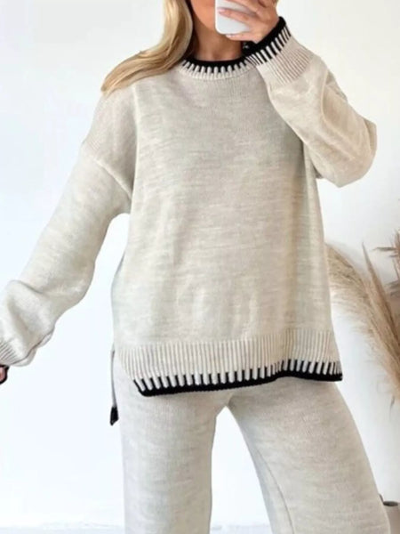 Contrast Trim Round Neck Top and Pants Sweater Set - Image 20