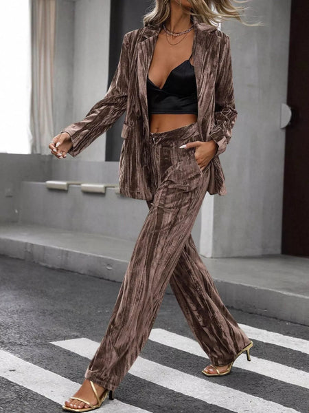 Lapel Collar Long Sleeve Blazer and Pants Set - Image 8