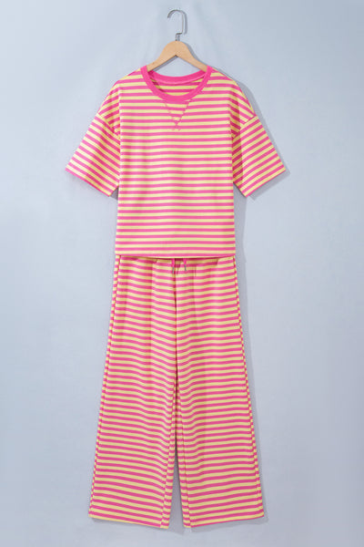 Pink Stripe Colorblock Trim Crew Neck Loose Tee Drawstring Elastic Waist 2pcs Pant Set - Image 3
