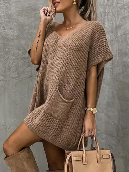 Short Sleeve Sweater Dress with Pockets - Image 3