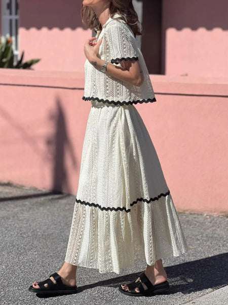 Contrast Trim Openwork Short Sleeve Top and Skirt Set - Image 3
