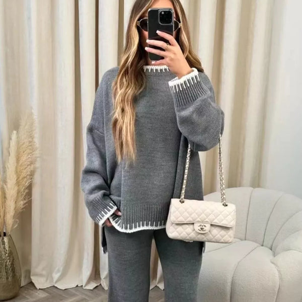 Contrast Trim Round Neck Top and Pants Sweater Set - Image 7