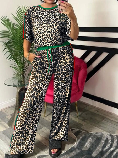 Leopard Round Neck Top and Pants Two-Piece Set - Image 2