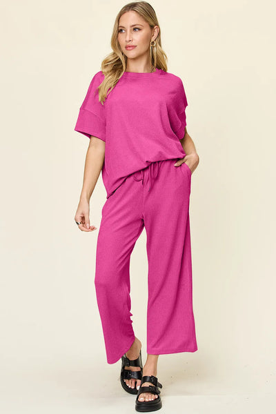 Double Take Full Size Texture Round Neck Short Sleeve T-Shirt and Wide Leg Pants - Image 16